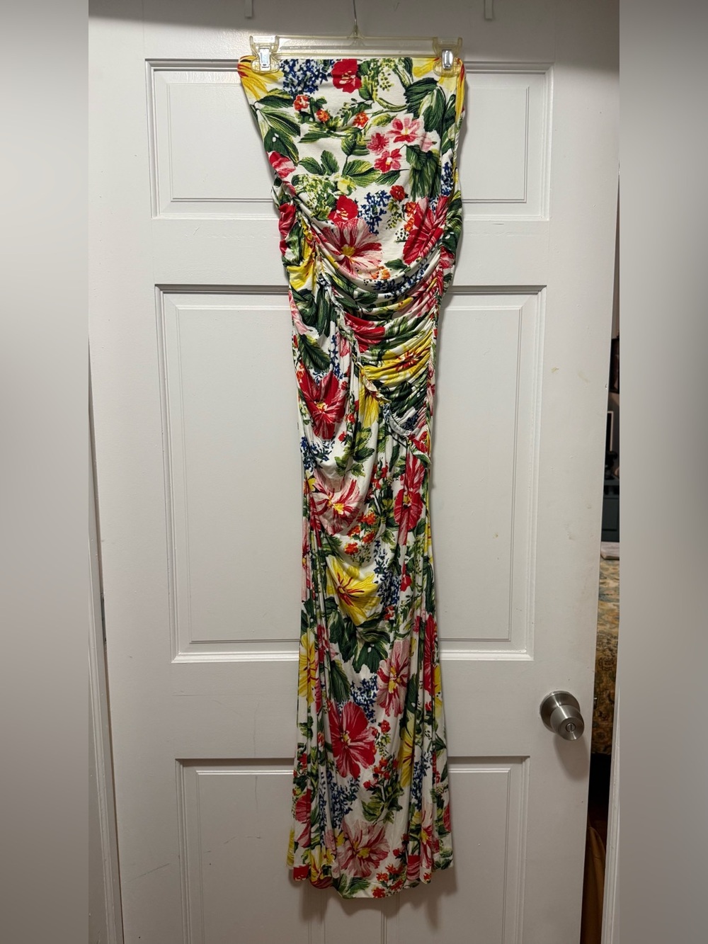 Floral Ruched Maxi Dress - White with Red & Yellow Tropical Print